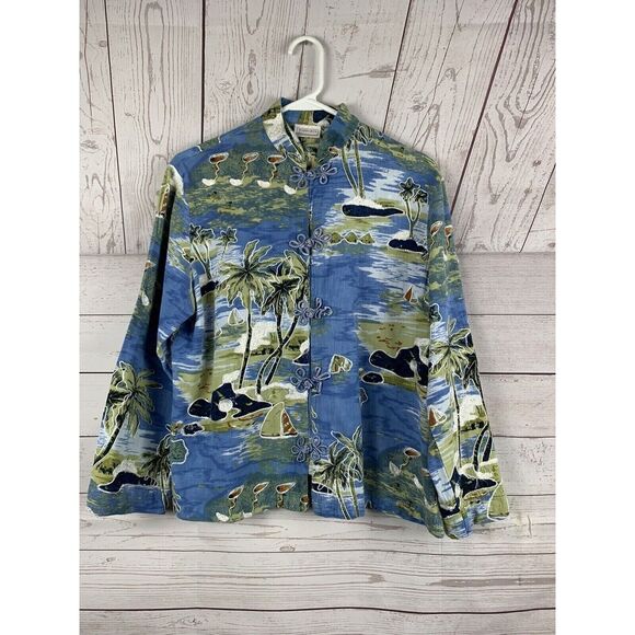 Passport Shirt Jacket Womens Large Linen Blue Island print button front toggle - Picture 1 of 5